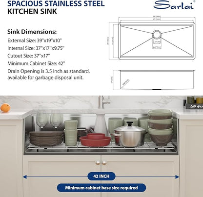 Sarlai 39 Kitchen Sink Undermount - 39 x 19 Inch Undermount Sink Ledge Workstation Deep Single Bowl 16 Gauge Stainless Steel Under Counter Kitchen Sinks Basin