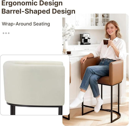 24" Counter Height Bar Stools Set of 4, Modern Barrel Counter Stools with Backrest and Arms, Fabric Upholstered Accent Barstools with Metal Legs for Kitchen Island,Ivory