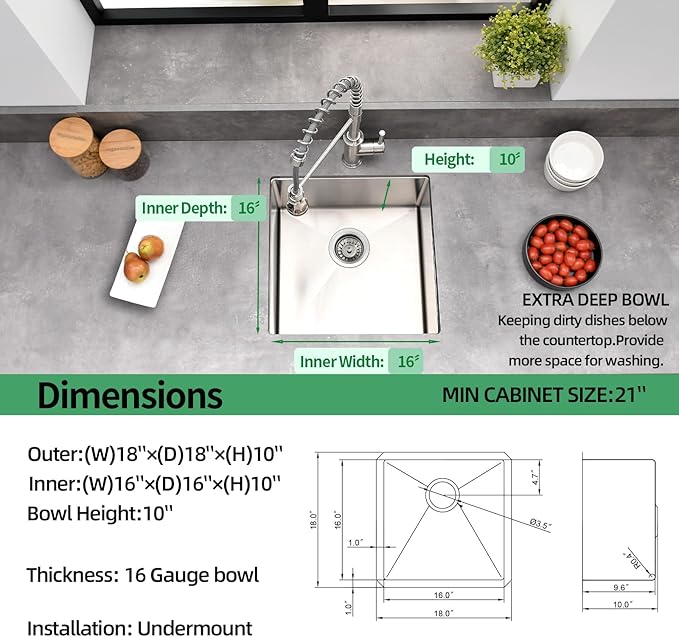 Undermount Kitchen Sink, 18 x 18 x 10 Inch Single Bowl Bar Sink 16 Gauge T-304 Stainless Steel Kitchen Sinks with Accessories