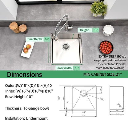 Undermount Kitchen Sink, 18 x 18 x 10 Inch Single Bowl Bar Sink 16 Gauge T-304 Stainless Steel Kitchen Sinks with Accessories