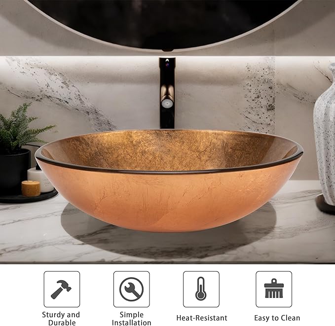YIMAI 16" Gold Glass Vessel Sink Tempered Glass Above-Counter Bathroom Sink Bowl, Countertop Vanity Basin with Matching Faucet & Pop-Up Drain Included, Easy Install for Master or Powder Room