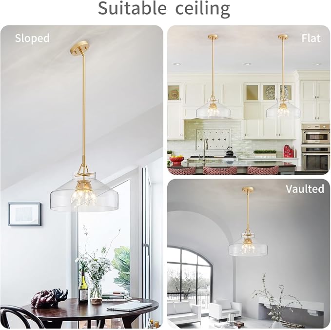 WUZUPS Chandelier Rustic Farmhouse Industrial Round Ceiling Pendant LED Light Fixture with Clear Glass Shades for Dining Room Kitchen Island Foyer Entryway, H 11.8" W 15", E26 Base, Gold