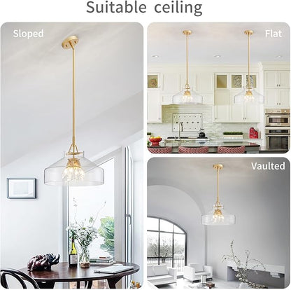 WUZUPS Chandelier Rustic Farmhouse Industrial Round Ceiling Pendant LED Light Fixture with Clear Glass Shades for Dining Room Kitchen Island Foyer Entryway, H 11.8" W 15", E26 Base, Gold