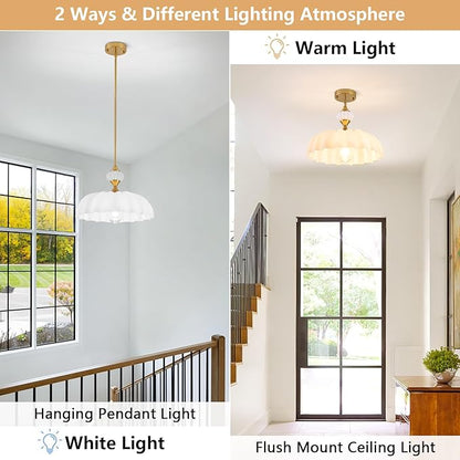 White Floral Chandelier Pendant Light, 15.7" Adjustable Farmhouse Kitchen Island Lighting, Vintage Glass Flower Ceiling Fixture for Dining Room, Bedroom, Hallway