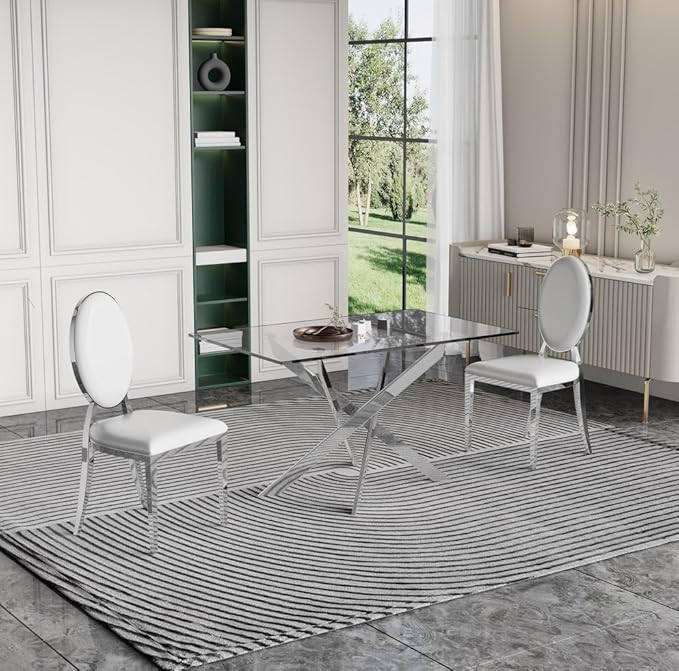 51" Glass Dining Table for 4, Contemporary Rectangular Dining Room Table with Tempered Glass Top & Silver Finish Stainless Steel Legs, Modern Kitchen Table for Home Office