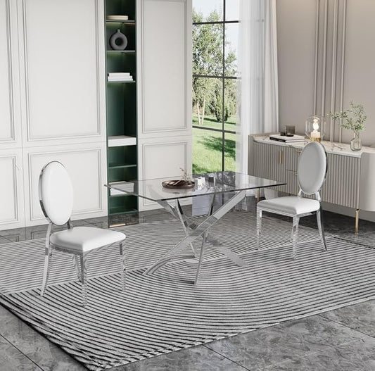 51" Glass Dining Table for 4, Contemporary Rectangular Dining Room Table with Tempered Glass Top & Silver Finish Stainless Steel Legs, Modern Kitchen Table for Home Office