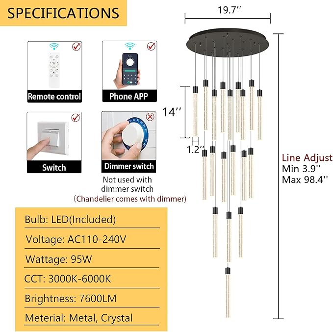 19-Light Long Large Modern Led Crystal Chandeliers Modern Spiral Chandeliers High Ceilings Chandelier for Staircase Foyer Black
