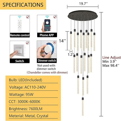 19-Light Long Large Modern Led Crystal Chandeliers Modern Spiral Chandeliers High Ceilings Chandelier for Staircase Foyer Black