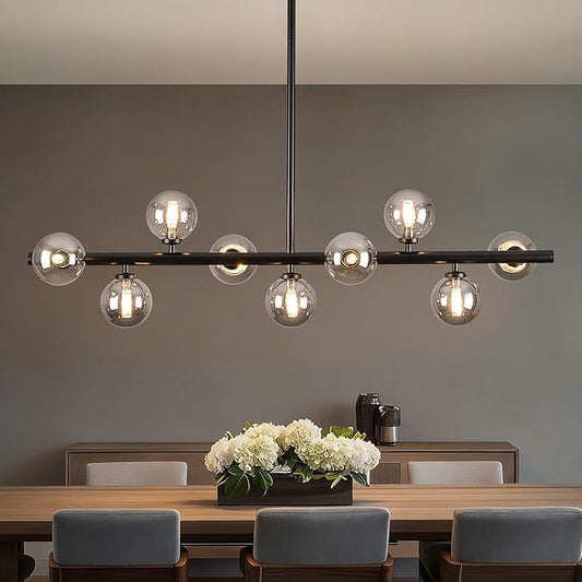 Mid Century Modern Globe Sputnik Chandelier, 9-Light Linear Chandeliers for Dining Room and Kitchen Island, Dining Light Fixture Over Table, Black and Smoke Grey Glass Bubble, 40 Inch