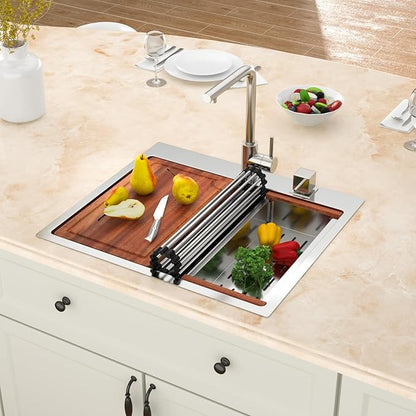 25x22 Drop In Kitchen Sink Workstation 25 Inch Stainless Steel Sink Topmount 16 Gauge Single Bowl Sink 10" Deep Countertop Basin with Accessories