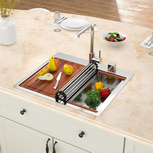 25x22 Drop In Kitchen Sink Workstation 25 Inch Stainless Steel Sink Topmount 16 Gauge Single Bowl Sink 10" Deep Countertop Basin with Accessories