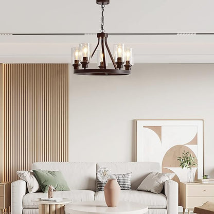 Farmhouse Chandelier Lighting Round 5 Lights Oil Rubbed Bronze with Glass Shade Ceiling Hanging Vintage Rustic Light Fixture for Dining Room Living Room Foyer Porch Kitchen Island