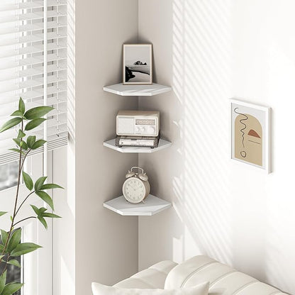 Fun Memories Corner Shelf Wall Mount, Floating Corner Shelves, Set of 6 Corner Wall Shelf Organizer, Rustic Wood Wall Storage Display Shelves for Living Room Bedroom Bathroom Kitchen, Rustic White