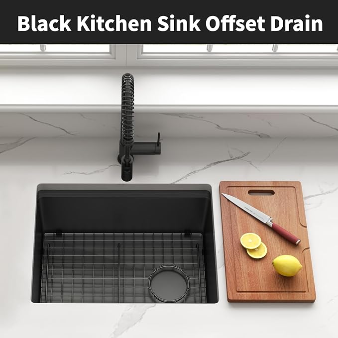 Black Undermount Kitchen Sink 23 inch,16 Gauge Stainless Steel Sinks,Single Bowl Workstation Sink,Modern Kitchen Sink Offset Drain (23" X 18")