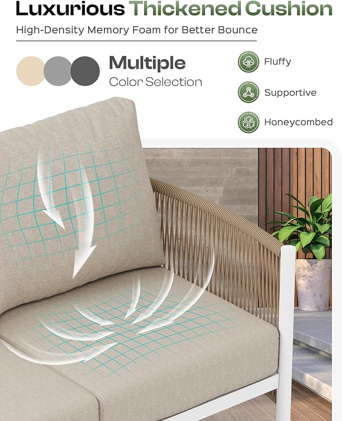 Aluminum Outdoor Patio Furniture Set with Dual-Layer Coffee Table, 5 Piece Modern Patio Conversation Sets with PE Rope, Outdoor Sectional Sofa with Thick Cushions for Balcony, Deck, Ivory