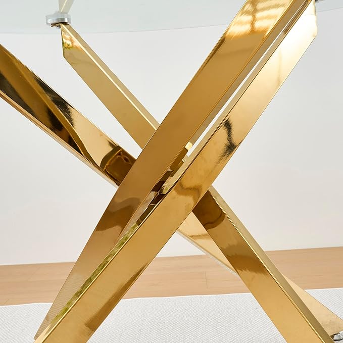 47.25" Round Dining Table for 6, Modern Clear Glass Kitchen Table for 6 with Gold X Metal Legs, Contemporary Small Circle Dining Room Leisure Tables for Kitchen Apartment
