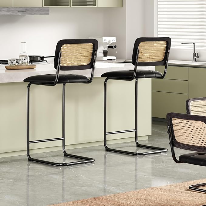 Counter Height Bar Stools Set of 2, Upholstered PU Leather Bar stools with Rattan Back, 30 inch Stools Armless Bar Chairs for Kitchen Island, Black