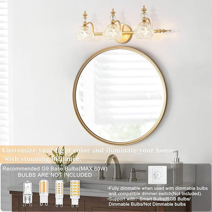 Bathroom Vanity Light Fixtures, Farmhouse Vintage Wall Sconce Lighting with Glass Shade, Bath Vintage Wall Mounted Lamps for Mirror (3 Lights,Gold,G9 Base)
