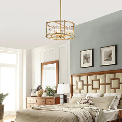 Modern Gold Chandeliers for Dining Room Over Table, Farmhouse Pendant Lighting Fixtures Drum Chandelier 4-Light Round Ceiling Lights