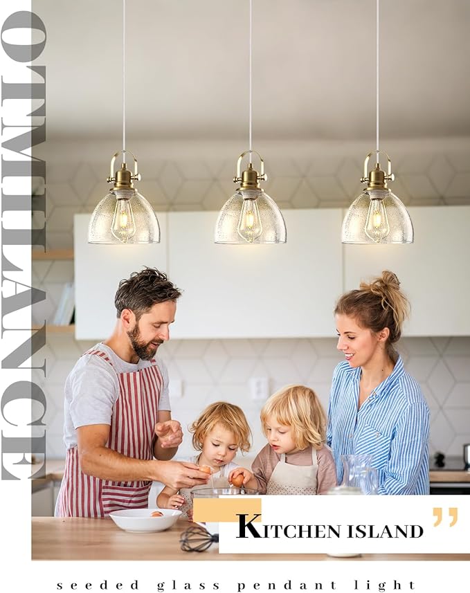 Gold Glass Pendant Lights Kitchen Island, 7.5" Blown Glass Pendant Light, Gold Modern Pendant Lights 1-Pack, Kitchen Hanging Lights for Kitchen Island, Dining Room, Bathroom, Cafe