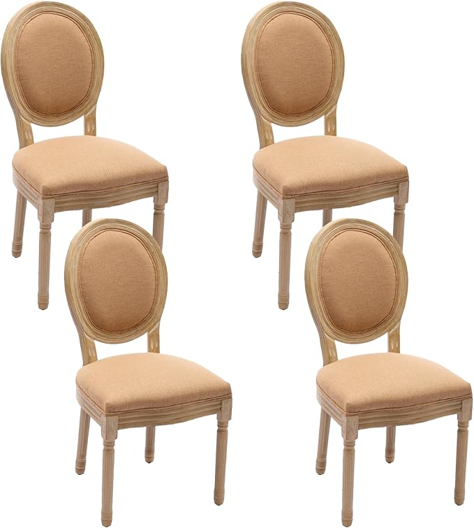 Linen Wooden Dining Chair Set of 4, Upholstered Farmhouse Dining Chair with Solid Wood Frame, Kitchen & Dining Room Chairs for Living Room, Restaurant, Bedroom (Tan-Padded, Set of 4)