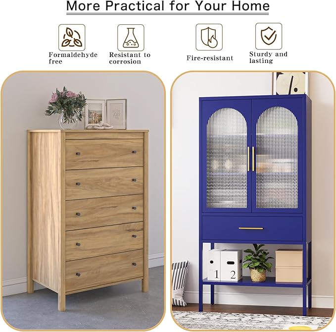 ALBAD 63 Inch Tall Metal Pantry/Display/Storage Cabinet with Fluted Glass Doors and Drawer & Adjustable Shelf for Modern Home Office Living Room Kitchen Blue