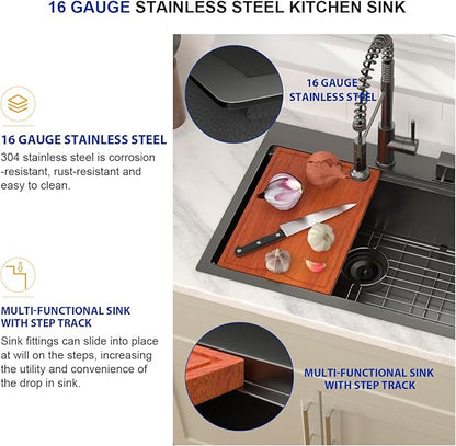 Dcolora 25 Inch Black Kitchen Sink Drop In, Nano-PVD Black Stainless Steel Workstation Sink Single Bowl Topmount with Accessories All-In-One, #DC-T8861 25"x20"x10"