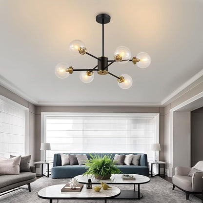 WINGBO 6-Light Sputnik Chandelier, Modern Pendant Light Fixture with 4.7" Clear Glass Globe Shade for Flat and Slop Ceiling, Height Adjustable for Kitchen Living Room Dining Room Bedroom, Black