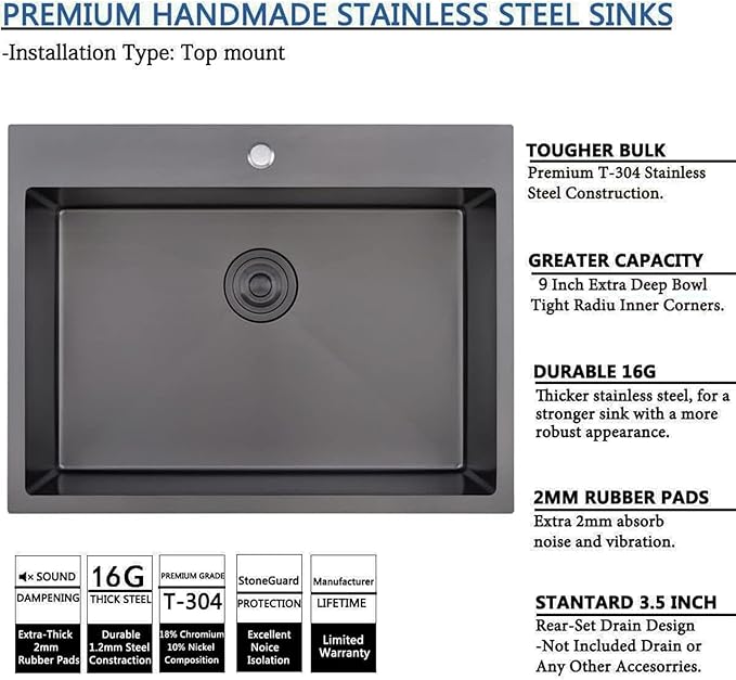 SHACO 28 x 20 Inch Drop in Black Kitchen Sink, Gunmetal Black Top Mount Stainless Steel 9 Inch Deep Single Bowl Laundry Utility Wet Prep Sink