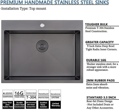 SHACO 28 x 20 Inch Drop in Black Kitchen Sink, Gunmetal Black Top Mount Stainless Steel 9 Inch Deep Single Bowl Laundry Utility Wet Prep Sink