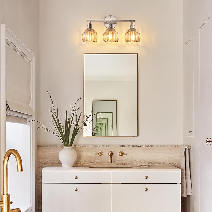 Shenmoyl Bathroom Light Fixtures, 3-Light Vanity wall Light Over Mirror with Amber Tulip Glass Shade for Bedroom Living Room (Bulb Not Included), Satin Nickel