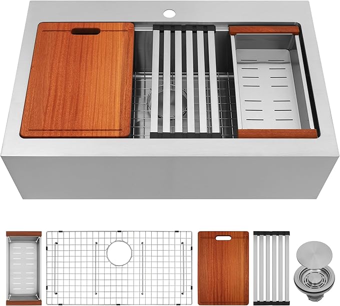 36 Inch Farmhouse Sink, 16 Gauge 304 Stainless Steel Farm Sinks, Drop In Topmount Single Bowl Workstation Sink with all Accessories, 36" x 22" x 10" Large and Deep Kitchen Sink