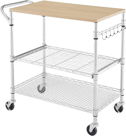 3 Tier Rolling Kitchen Cart with Wood Tabletop, Kitchen Island Carts with Wheels & Slider Shelf, Microwave Cart on Wheels, Coffee Cart with Hooks, 35.4" L*18.1" W*31.9" H，Wood+Chrome