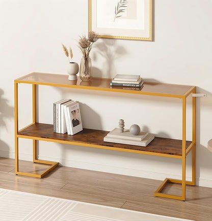 Furnify Console Sofa Table, 52" Modern Entryway Table, 2-Tier Open Shelf with Tempered Glass, Metal Frame Behind Couch Table with Gold Metal Frame for Living Room Hallway Entrance, Brown