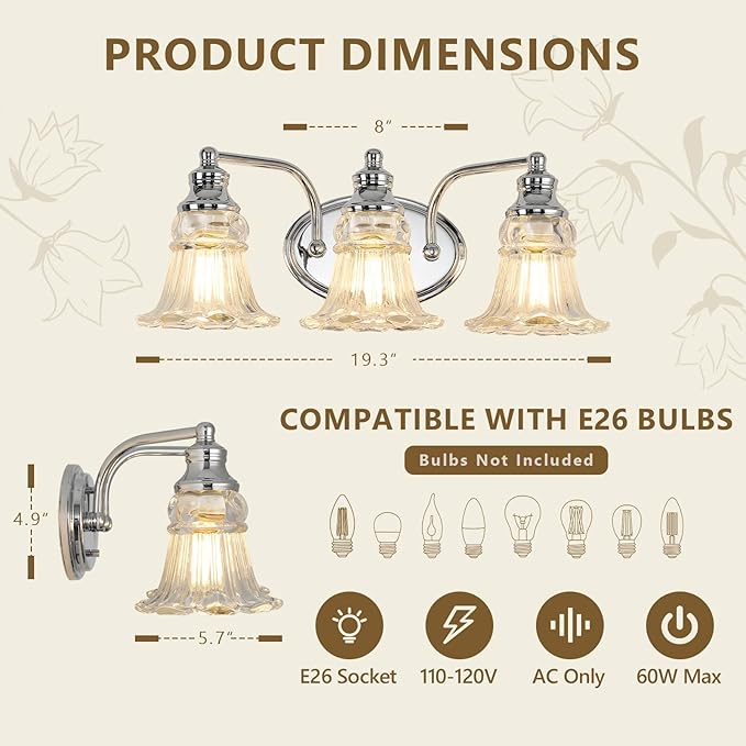 3-Light Bathroom Light Fixtures Over Mirror, Vintage Vanity Lights with Clear Floral Glass Shades, Chrome