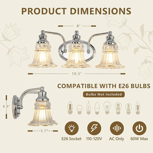3-Light Bathroom Light Fixtures Over Mirror, Vintage Vanity Lights with Clear Floral Glass Shades, Chrome