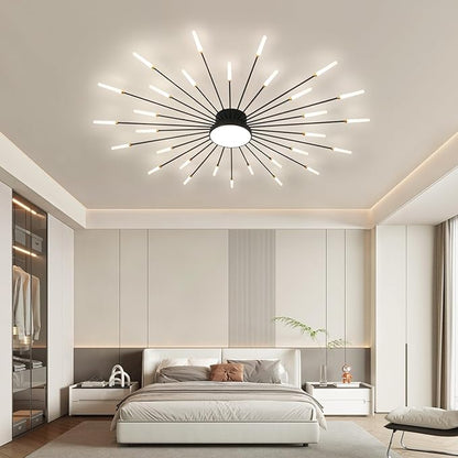 JAYMP 50.4" Ceiling Light Modern Flower Shape Ceiling Lamp for Living Room Dining Room Flush Mount Metal Acrylic Sputnik Firework Petal LED Lighting Fixture (Matte Black, 30+1 Lights)