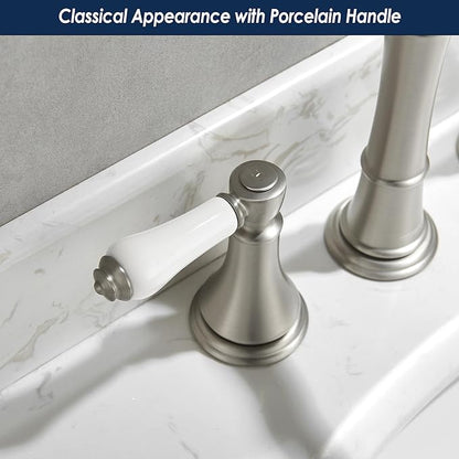 Porcelain 2-Handle Bathroom Faucets Brushed Nickel 8 inch Widespread with Plastic Pop-Up Drain & 2Pcs Water Supply Lines, Classical Vanity Sink Faucet for 3 Holes, 360° Swivel Brass Spout