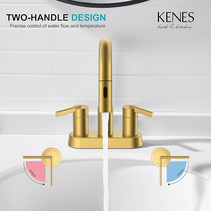 KENES Brushed Gold Centerset Bathroom Faucet with Pull Out Sprayer, 4 Inch 2 Handle Pull Down Bathroom Faucet 3 Hole, Bathroom Sink Faucet with Pop Up Drain & Supply Lines LJ-9069-4