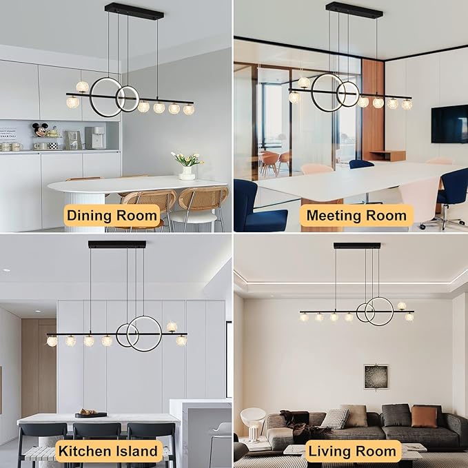 ORANOOR Modern Black Gold Chandeliers for Dining Room, 47in Dimmable LED Chandelier Linear Pendant Light for Kitchen Island, Upgraded 6 Globe Hanging Pendant Chandelier Lighting (2 Rings, 4200lm)