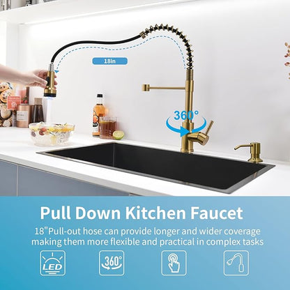 GIMILI Gold Kitchen Faucet with Soap Dispenser Single Hole Pull Down Sprayer LED Faucet, Suitable for Farmhouses, RV, Laundry Room, Outdoor, and Campers. Llave para fregadero de cocina