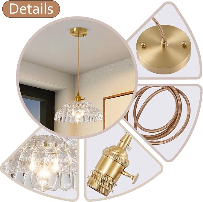 Clear Glass Pendant Light with Striped Shade, Adjustable Brass Vintage Hanging Light Fixture for Kitchen Island Sink Dining Room Ceiling Hallway Lighting