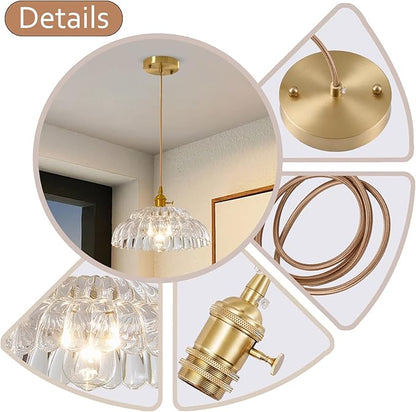 Clear Glass Pendant Light with Striped Shade, Adjustable Brass Vintage Hanging Light Fixture for Kitchen Island Sink Dining Room Ceiling Hallway Lighting