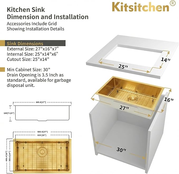 Kitsitchen Gold Ktichen Sink,Gold Undermount RV Kitchen Sink with Strainer & Bottom Gird, 27" x 16" x 7" Stainless Steel Single Bowl Kitchen Sinks Used at RV, Outdoor,Bathroom