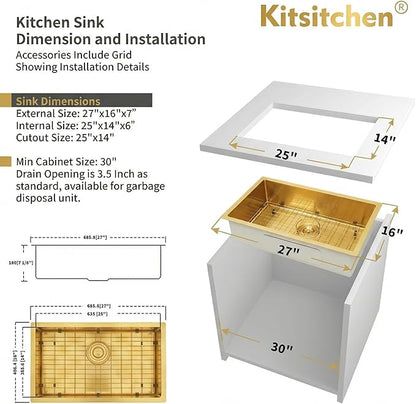 Kitsitchen Gold Ktichen Sink,Gold Undermount RV Kitchen Sink with Strainer & Bottom Gird, 27" x 16" x 7" Stainless Steel Single Bowl Kitchen Sinks Used at RV, Outdoor,Bathroom