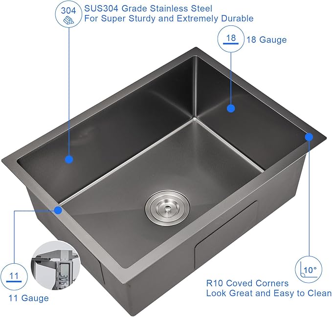 MENATT 22 inch Undermount Kitchen Sink Black, 18-Gauge Stainless Steel Handmade Single Bowl Kitchen Bar Sink Undermount, 22"x18"x9"