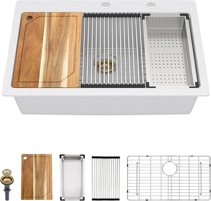33 Inch Granite Composite Kitchen Sink - White Drop In Workstation All-In One Classic Quartz Single Bowl Kitchen Sink Basin, 2-Holes, 33x22, Top-Mount #TLGT-113