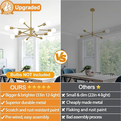33" Modern Chandelier Ceiling Light Fixture, 12-Light Sputnik Chandeliers Brushed Gold Mid Century Chandelier Over Table, Height Adjustable Chandeliers for Dining Room Living Room (Bulbs Not Included)