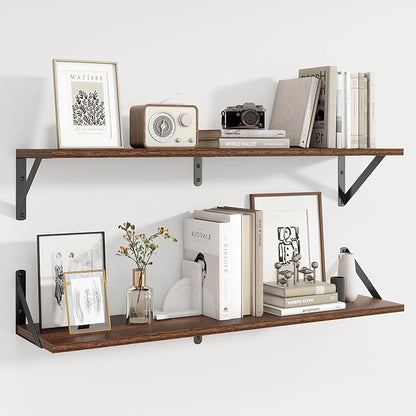 Axeman 32 Inch Floating Shelves | 8 Inch Deep Walnut Wall Shelves Set of 2 | 31.5W x 8D Rustic Wood Shelves for Bookshelf Living Room Bedroom Home Office Bathroom