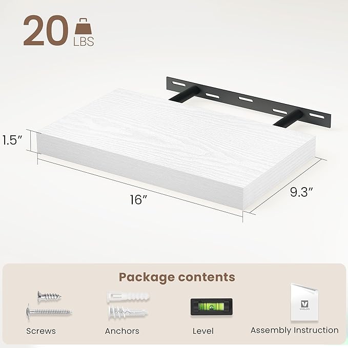 Vivelove White Floating Shelves, 16 Inch Wall Display Shelves for Bathroom Living Room Kitchen Bedroom Office Farmhouse Home Decor, 16" X 9.3" X 1.5" - Set of 2, White